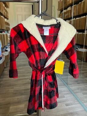 Fleece Long Sleeve Knee Length Robe, Color: Red Plaid Size XS(4/5)